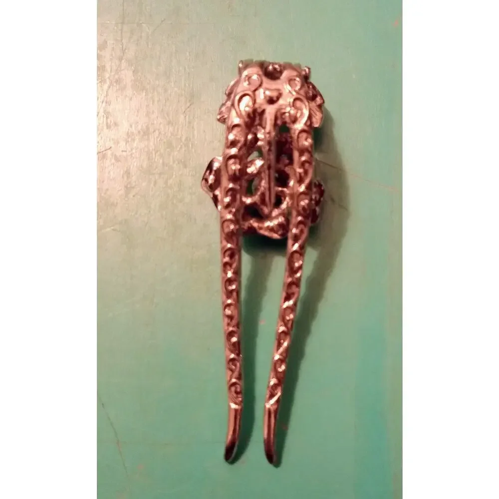 Vintage Bronze Tone Rhinestone Rose Hair Fork Stick Pin Two Prong Chignon Clip